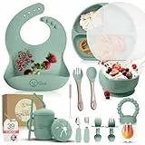O'doe 17-teilig Baby LED-Entwöhnungszubehör für Kleinkinder, Babyfütterungsset | Saugnapf-Silikon-Babyschale, selbstverzehrende Utensilien mit Löffeln, Tassen, Lätzchen, Essteller-Set mit