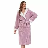 HEARTNICE Damen Plüsch Bademantel mit Kapuze, weicher warmer langer Morgenmantel für Frauen flauschige Winter Loungewear (Hellrosa Mel., S/M)