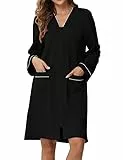 Clearlove Morgenmantel Damen Bademantel Saunamantel Modischer Reißverschluss Lange Ärmel Nachtwäsche mit Taschen Schwarz M