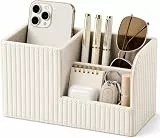 KINGFOM Stifte Organizer, PU Leder Stiftehalter Schreibtisch Mit 3 Taschen, Stiftebox Stifteköcher, Schreibtisch Organizer Stifte für Büro/Zuhause (Cremeweiß)