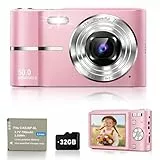 Digitalkamera 50MP Fotokamera 1080P Videokamera mit 16X Digitalzoom, 2,4' Bildschirm Vlogging Kamera Fotoapparat Mini Kompaktkamera für Kinder Teenager, 32G Karte (Rosa)