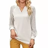 TANTOMI Blusen Damen Oberteile Elegant Bluse mit V-Ausschnitt Spitzenärmel Shirts Lässige Longbluse Langarm Oberteil Tops
