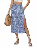 KOJOOIN Damen Rock mit Schlitz A-Linie Blümchen Midirock Boho Split Blumenrock Geblümt Strandrock Floral Freizeitrock Hohe Taille Print Röcke (Verpackung MEHRWEG), A-Blumen-Blau, L