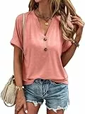 VEUNCOS Oberteile Damen Elegant V-Ausschnitt T Shirt Lockere Fledermaus Shirt Urlaubskleidung Koralle XL