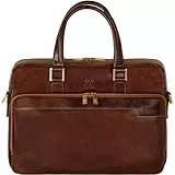 Time Resistance Aktentasche Leder Laptoptasche mit Schultergurt - Handgefertigt in Italien - Arbeitstasche - Businesstasche - Umhängetasche - Braun