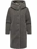 Ragwear Damen Teddymantel langer Wintermantel Plüschmantel mit Knopfleiste und Kapuze Joonie YOUMODO Stone Grey Gr. M