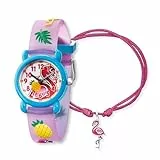 Herzengel Kinder Uhrenset mit Flamingo Motiv - analoge Armbanduhr, robustes Kunststoffgehäuse, weiches Band, 27mm, 3ATM mit passendem Nylonarmband und Stiftemäppchen