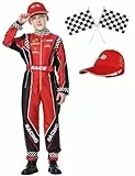KUKIKUKI Rennwagenfahrer Kostüm Jungen Racer Overall mit Auto Kappe Kinder verkleiden sich für Halloween (Rot, 140)