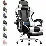 GTPLAYER Gaming Stuhl Bürostuhl Massage Gaming Sessel Ergonomischer Gamer Stuhl mit Fußstütze, Kopfstütze Massage-Lendenkissen, Gepolstert Gaming Chair, Drehsessel, weiß