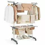 SONGMICS Wäscheständer, Standtrockner 4 Ebenen, Flügelwäscheständer, klappbare Flügel, mit Rollen, 63,5 x 128 x 173 cm, groß, einfacher Aufbau, für Innen- und Außenbereich, weiß LLR701W01