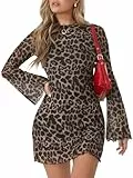SweatyRocks Damen Leo Kleid Braun M - A-Linie, Langarm, Minikleid, Sexy, Leopardenmuster, Mesh, Rüschenkragen, Mittlere Taille, Trägellos, Versatile, Casual, Party, Oberhalb des Knies