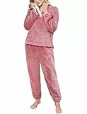 Niwicee Schlafanzug Damen Lang Pyjama Damen 2-Set, Hausanzug Damen Kuschelig Weich Nachtwäsche Sleepwear Pyjamahose,Polar Fleece Oberteile Hosen Warm Anzug Lose Freizeitanzug Mit Tasche-orange-L