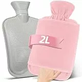 MUPAS Wärmflasche mit Vliesbezug –2L Große Auslaufsicher Bettflasche –Weicher Wärmflaschen mit Känguru Tasche –Hot Water Bag für Kinder & Erwachsene (Rosa)