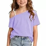 XINYUNZU T-Shirt Mädchen Sommer Asymmetrisches Tshirt Tee Shirt Schulterfrei One-Shouldertop Girls Casual Oberteil Kurzarm Einfarbig Mode T-Shirts für Kinder Lila 11 Jahre
