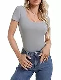 Migcaput T-Shirt Damen Basic Kurzarm Crop Top Casual Y2K Oberteile U-Neck Slim Fit Sommer Shirt Bauchfreies für Frauen Grau XL