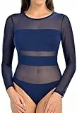 Teyli Langarm Bodys women aus hochwertigem Material - Langarm Body Damen taillierter Figurmodellierender - Bodysuit damen mit Netz und Viskose - Damenbody für Stil und Komfort für Frauen Blau XL