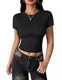 Zeagoo T-Shirt Damen Eng Basic Oberteil Kurzarm Rundhals Crop Top Casual Sommer Einfarbig Tee Shirt Streetwear Schwarz S