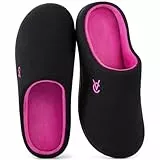 VeraCosy Damen Zweifärbig Hausschuhe Weich Bequem Strick Memoryschaum Rutschfest Pantoffeln Fuchsia Schwarz, 38-39 EU
