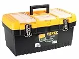 Perel Werkzeugkasten, Polypropylen, herausnehmbarer Werkzeugträger, 3 Organizer im Deckel, aufklappbarer Tragegriff, Metallverschlüsse, Schwarz/orange, 486 x 267 x 242 mm