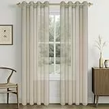 CUTEWIND Vorhang Beige Transparent Stores Gardinen mit Ösen 2er Set, 225 cm Lang, 140 cm Breit, Gardinen Wohnzimmer Modern Leinenoptik, Gardinenschal Durchsichtig Ösenvorhänge Schlafzimmer