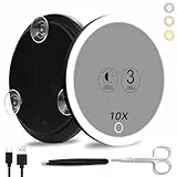 Suupvaor 10x Vergrößerungsspiegel mit Licht, 3 Farbmodi Dimmen 15cm Beleuchteter 10x Vergrößerungsspiegel mit 3 Saugnäpfen, Reiselupenspiegel, Hochvergrößerungs-Makeup-Spiegel mit Pinzette & Schere