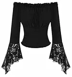 SCARLET DARKNESS Damen Vintage Trachtenbluse Gesmokte Taille Langarm mit Spitze Tops Party Wikinger Oberteil Schwarz M