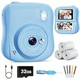 Hangrui Kinderkamera Sofortbildkamera, 14MP Sofortbildkamera Kinder mit 32G Karte & Druckpapier, 1080P Kamera Kinder Sofortdruck mit Farbige Stifte, Geschenk für 3-12 Jungen und Mädchen-Blau