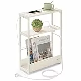 VASAGLE Beistelltisch schmal, Nachttisch mit Ladefunktion, Couchtisch klein, 3 Ablagen, Zeitschriftenhalter, für Wohnzimmer, Schlafzimmer, Arbeitszimmer, cremeweiß LET335W02