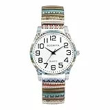 JewelryWe Uhren Damen Elastisch Metallarmband: Vintage Boho Ethno-Stil Analog Quarz Armbanduhr Frauen Lässige Uhr mit Legierung Stretch-Armband und großen Arabischen Zahlen Zifferblatt