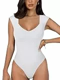 REORIA Damen sexy lässiger doppelt gefütterter ärmelloser Schlankheits Body mit V-Ausschnitt Shapewear Formende Bodys Weiß M