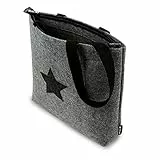 Tebewo Shopping-Bag aus Filz, große Einkaufs-Tasche mit Reißverschluss Henkel und 2 Innentaschen, Einkaufskorb, vielseitige Faltbare Tragetasche, grau mit Stern