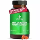Vitabay Beta Carotin Bräunungskapseln Hochdosiert 25.000 I.E. Depot – 180 Softgels – Natürlich aus Dunaliella salina Alge – Provitamin A – Vegan, Laborgeprüft – Vorrat für 18 Monate
