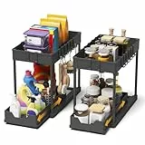 Meltrck Küchen Organizer - 2 Stück Unter Waschbecken Regal Organizer - Ausziehbares Lagerregal Organizer mit 16 Haken,Schwar