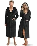 Twinzen Damen & Herren Kuschelfleece Morgenmantel mit Kapuze L - Schwarz - Weich, Warm & Bequem - Öko-Tex Standard 100 zertifiziert