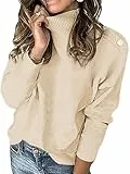 Imily Bela Damen Pullover Elegant Stehkragen Strickpullover Leichter Basic Pulli Winter Lange Ärmel Gemütliche Gestrickte Passform mit Metallknöpfen(Apricot,XXL)