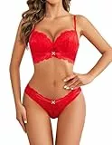 Avidlove Damen Dessous Set Spitze Unterwäsche Set Mit Bügel Sexy Babydoll Reizwäsche Push up BH and Slip Frauen V-Ausschnitt Lingerie Rot M