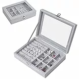 Schmuckkästen mit Glasdeckel, 9 Gitter Schmuckaufbewahrung Schmuckkoffer Damen Schmuckbox Reise, Beflockung Halskette Ohrringe Ring Schmuckschatulle, Transparente Aufbewahrungsbox für Schmuck, Grau