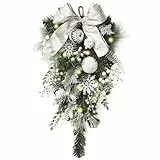 Valery Madelyn 61cm Weihnachten Teardrop Swag groß mit LED Timer, 25.6 Zoll Christmas türkranz mit Silber Kugeln Bogen Schneeflocken für Haustür, Treppe, Veranda, Outdoor, Fenster