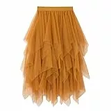 Damen Rock Tüll Unregelmäßig Unterrock Lagenrock Ballett Tutu Abschlussball Party Faltenkleid A-Linie Midirock High Waisted Rock (Ingwer Gelb, Einheitsgröße)
