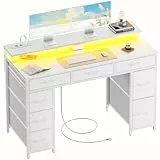 HLONONE Schreibtisch mit 8 Schubladen, Computertisch mit 2 Steckdosen und 2 USB Ladeanschluss, Bürotisch mit LED und Monitorständer, PC Tisch für Büro, Wohnzimmer, 120 x 50 x 74 cm, Weiß