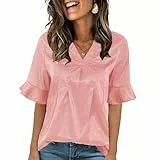 ANCAPELION Blusen für Damen Casual T-Shirt Kurzarm Sommer Tops V-Ausschnitt Basic Tunika Ausgestelltes Top mit Rüschenärmeln Rosa S