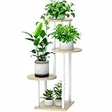 YOCOMEY 4 Tier Hölzern Blumenregal Metall Pflanzenregal, Mehrstöckig Blumenständer Pflanzenständer Blumenbank Blumentreppe Pflanzentreppe Standregal für Innen Außen Balkon Deko (Rund Weiß Eiche)