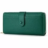 ANYWN Geldbörse Damen Portemonnaie Damen groß aus glattem und weichem Synthetikleder, Geldbeutel im Langformat mit Reißverschluss und Druckknopf, Portmonee Damen mit viele Fächer DunkelGrün