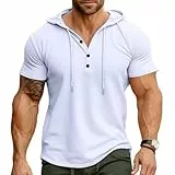 Ophestin Herren Kurzarm Kapuzenpulli Lässige T Shirts Mode Sportliche Hoodies Knopf Sweatshirt Weiß XL