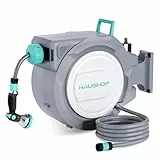 HAUSHOF Schlauchtrommel 30+2m Gartenschlauchaufroller mit 180° Schwenkbarer Wandhalterung und 10 Sprühmodi, Wandmontage Schlauchbox mit Automatisches Aufrollen für Garten, Autowäsche