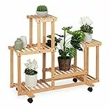 Relaxdays Pflanzenregal, Blumenständer mit 6 Ablagen, Bambus, HxBxT 79 x 95 x 36 cm, rollbar, Blumenregal innen, Natur