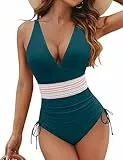 LUNNTE Damen Badeanzug Bauchweg Einteiliger V Ausschnitt Hoch Taillierte Monokini Schlankheits Badeanzüge für Frauen Bademode Swimsuit Herausnehmbare Softpads (Blau Grün, M)