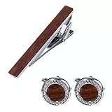 JewelryWe Holz Krawattenklammer und Manschettenknöpfe für Herren: 3er Set Braun Holz-Metall Krawattennadel Cufflinks mit Strass Business Hochzeit Anzug Accessoires Geschenk für Vater Ehemann Freund
