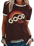 WIEIYM Good Vibes T-Shirt Damen Kurzärm Rundhals Sommer T Shirt Frauen Beiläufig Baumwolle Oberteil Tops(Claret,XL)