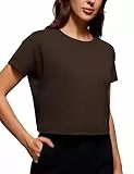 CRZ YOGA Damen Kurzarm Sport Tshirt Loose Baumwolle Fitness Crop Top Sommer Gym Workout Cropped Oberteile Heißes Fudge-Brown 38